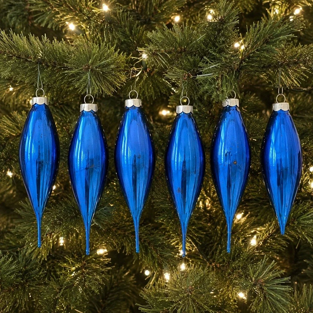 Paragon MCM Blue Glass Teardrop Christmas Ornaments Set of 6 Made in USA 1 Broke